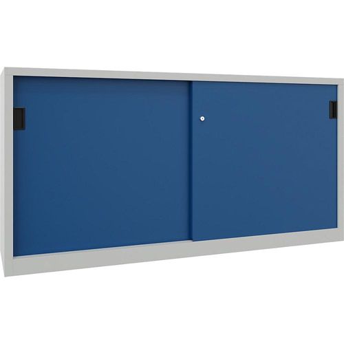 4055479210166 - Schiebetürenschrank Höhe 1000 mm Vollblechtüren BxT 2000 x 400 mm mit Trennwand und 2 x 2 Fachböden Tür enzianblau kaiserkraft