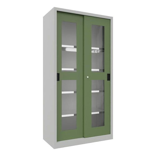 4055479249128 - Schiebetürenschrank Höhe 1950 mm Sichtfenstertüren BxT 1000 x 500 mm mit 4 Fachböden Tür resedagrün kaiserkraft