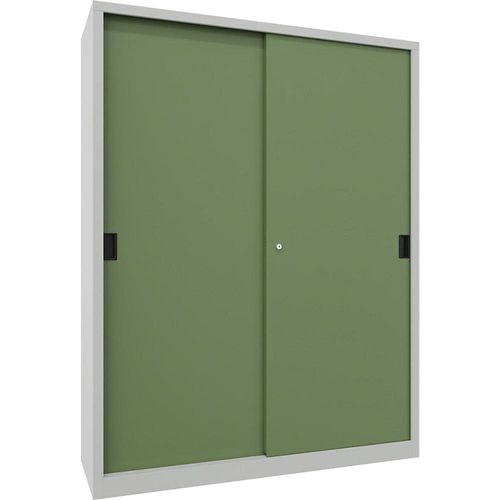 4055479256300 - Schiebetürenschrank Höhe 1950 mm Vollblechtüren BxT 1500 x 500 mm mit Trennwand und 2 x 4 Fachböden Tür resedagrün kaiserkraft
