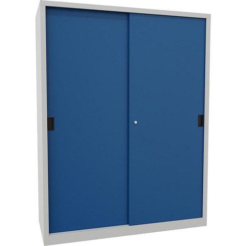 4055479259141 - Schiebetürenschrank Höhe 1950 mm Vollblechtüren BxT 1500 x 600 mm mit Trennwand und 2 x 4 Fachböden Tür enzianblau kaiserkraft