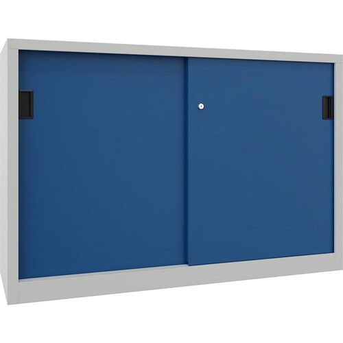 4055479207296 - Schiebetürenschrank Höhe 1000 mm Vollblechtüren BxT 1500 x 600 mm mit Trennwand und 2 x 2 Fachböden Tür enzianblau kaiserkraft
