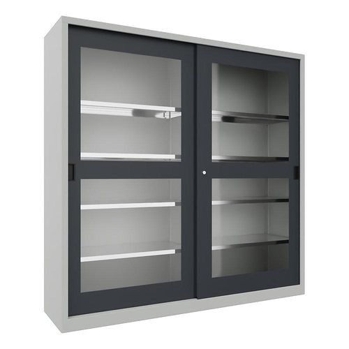4055479266392 - Schiebetürenschrank Höhe 1950 mm Sichtfenstertüren BxT 2000 x 500 mm mit Trennwand und 2 x 4 Fachböden Tür anthrazit kaiserkraft