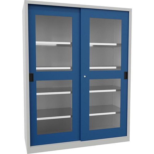 4055479260574 - Schiebetürenschrank Höhe 1950 mm Sichtfenstertüren BxT 1500 x 600 mm mit Trennwand und 2 x 4 Fachböden Tür enzianblau kaiserkraft