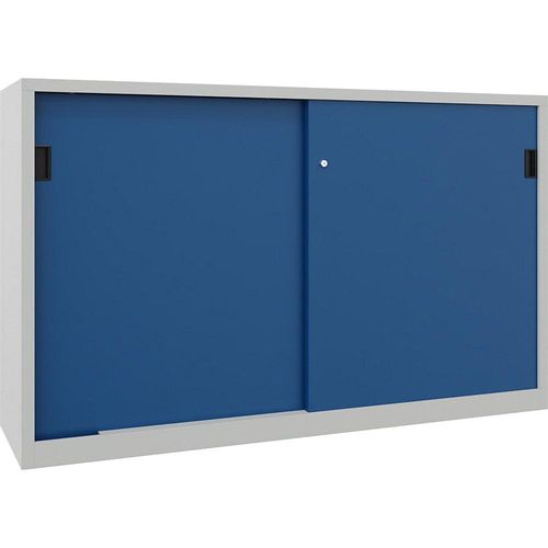 4055479236159 - Schiebetürenschrank Höhe 1200 mm Vollblechtüren BxT 2000 x 400 mm mit Trennwand und 2 x 2 Fachböden Tür enzianblau kaiserkraft