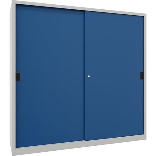 4055479267795 - Schiebetürenschrank Höhe 1950 mm Vollblechtüren BxT 2000 x 600 mm mit Trennwand und 2 x 4 Fachböden Tür enzianblau kaiserkraft