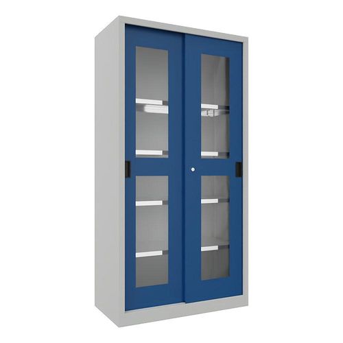 4055479249098 - Schiebetürenschrank Höhe 1950 mm Sichtfenstertüren BxT 1000 x 500 mm mit 4 Fachböden Tür enzianblau kaiserkraft