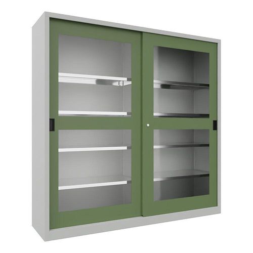 4055479266385 - Schiebetürenschrank Höhe 1950 mm Sichtfenstertüren BxT 2000 x 500 mm mit Trennwand und 2 x 4 Fachböden Tür resedagrün kaiserkraft