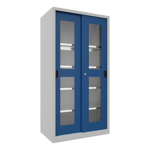 4055479251961 - Schiebetürenschrank Höhe 1950 mm Sichtfenstertüren BxT 1000 x 600 mm mit 4 Fachböden Tür enzianblau kaiserkraft