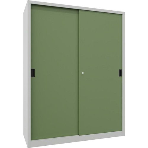 4055479259172 - Schiebetürenschrank Höhe 1950 mm Vollblechtüren BxT 1500 x 600 mm mit Trennwand und 2 x 4 Fachböden Tür resedagrün kaiserkraft