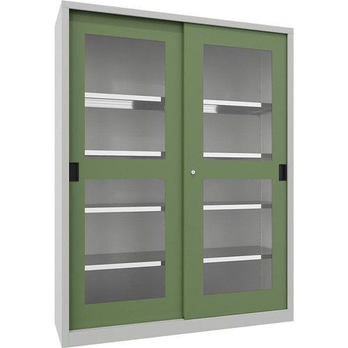 4055479257734 - Schiebetürenschrank Höhe 1950 mm Sichtfenstertüren BxT 1500 x 500 mm mit Trennwand und 2 x 4 Fachböden Tür resedagrün kaiserkraft