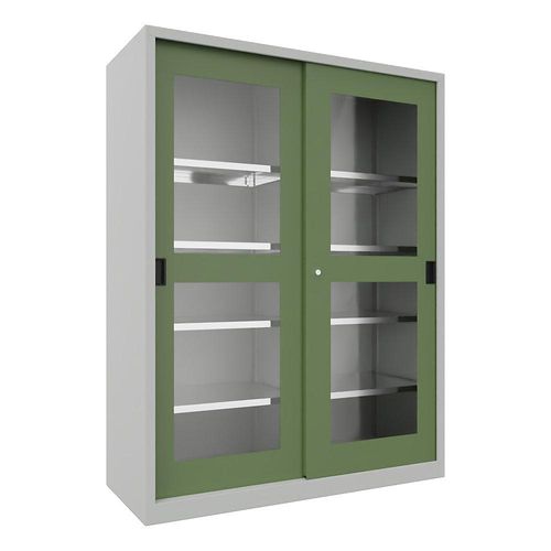 4055479260604 - Schiebetürenschrank Höhe 1950 mm Sichtfenstertüren BxT 1500 x 600 mm mit Trennwand und 2 x 4 Fachböden Tür resedagrün kaiserkraft
