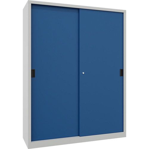 4055479256270 - Schiebetürenschrank Höhe 1950 mm Vollblechtüren BxT 1500 x 500 mm mit Trennwand und 2 x 4 Fachböden Tür enzianblau kaiserkraft