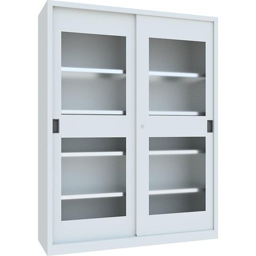 4055479002655 - Schiebetürenschrank Höhe 1950 mm Sichtfenstertüren BxT 1500 x 500 mm mit Trennwand und 2 x 4 Fachböden Tür lichtgrau kaiserkraft