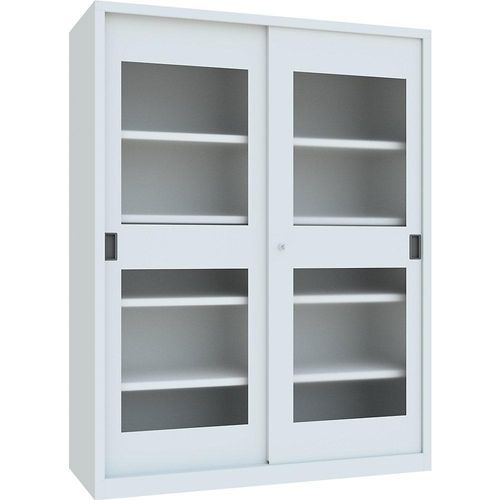 4055479002662 - Schiebetürenschrank Höhe 1950 mm Sichtfenstertüren BxT 1500 x 600 mm mit Trennwand und 2 x 4 Fachböden Tür lichtgrau kaiserkraft