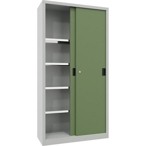 4055479244826 - Schiebetürenschrank Höhe 1950 mm Vollblechtüren BxT 1000 x 400 mm mit 4 Fachböden Tür resedagrün kaiserkraft