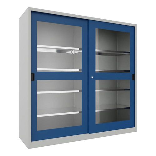 4055479269225 - Schiebetürenschrank Höhe 1950 mm Sichtfenstertüren BxT 2000 x 600 mm mit Trennwand und 2 x 4 Fachböden Tür enzianblau kaiserkraft