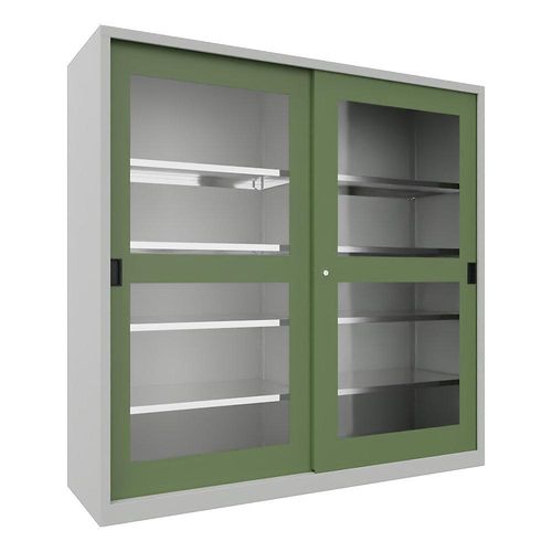 4055479269256 - Schiebetürenschrank Höhe 1950 mm Sichtfenstertüren BxT 2000 x 600 mm mit Trennwand und 2 x 4 Fachböden Tür resedagrün kaiserkraft