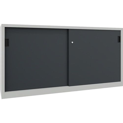 4055479213075 - Schiebetürenschrank Höhe 1000 mm Vollblechtüren BxT 2000 x 500 mm mit Trennwand und 2 x 2 Fachböden Tür anthrazit kaiserkraft
