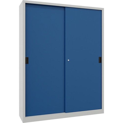 4055479253408 - Schiebetürenschrank Höhe 1950 mm Vollblechtüren BxT 1500 x 400 mm mit Trennwand und 2 x 4 Fachböden Tür enzianblau kaiserkraft