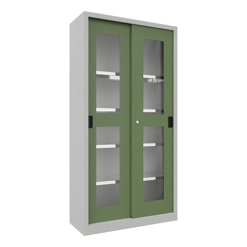 4055479246257 - Schiebetürenschrank Höhe 1950 mm Sichtfenstertüren BxT 1000 x 400 mm mit 4 Fachböden Tür resedagrün kaiserkraft