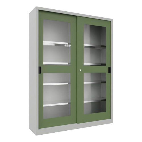 4055479254863 - Schiebetürenschrank Höhe 1950 mm Sichtfenstertüren BxT 1500 x 400 mm mit Trennwand und 2 x 4 Fachböden Tür resedagrün kaiserkraft