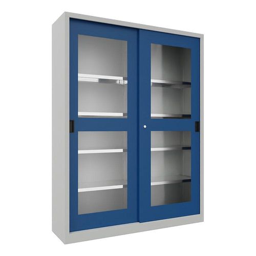4055479254832 - Schiebetürenschrank Höhe 1950 mm Sichtfenstertüren BxT 1500 x 400 mm mit Trennwand und 2 x 4 Fachböden Tür enzianblau kaiserkraft