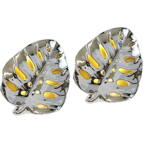 4019844810092 - Dekofigur IGEA LED-Deko Blatt aus Keramik silber B13cm H12cm Keramik Dekofiguren Deko-Objekt Statue Geschenkidee 2er Set silber