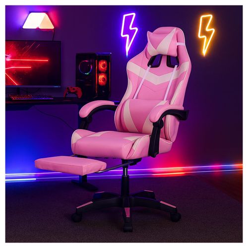 4255701938619 - Ergonomischer Gaming Stuhl mit Fußstütze Racing-Design in Pink-weiß