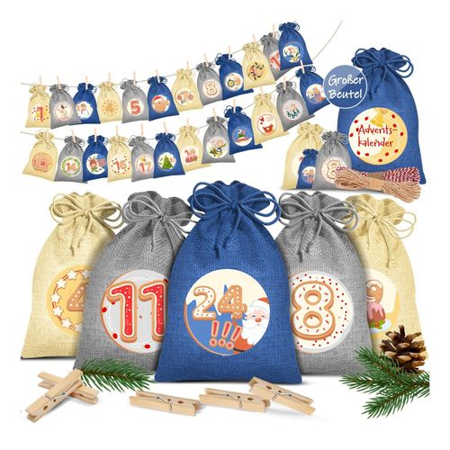 4255598315333 - KESSER® Adventskalender zum Befüllen 24 Jutebeutel Gedruckte Stoffbeutel Kinder Weihnachtskalender zum Selber Befüllen Inkl 24x Schildchen + 1 Großer Aufbewahrungsbeutel Stoff