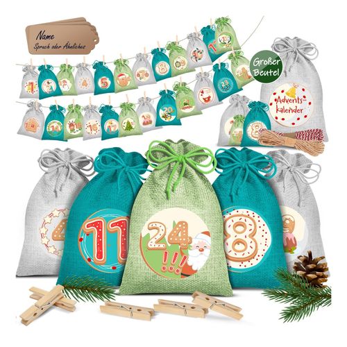 4255598315364 - KESSER® Adventskalender zum Befüllen 24 Jutebeutel Gedruckte Stoffbeutel Kinder Weihnachtskalender zum Selber Befüllen Inkl 24x Schildchen + 1 Großer Aufbewahrungsbeutel Stoff