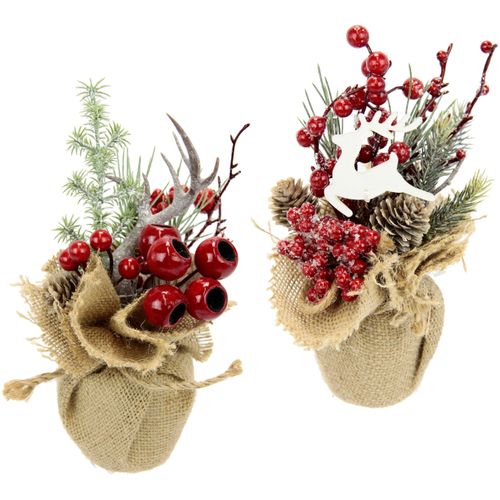4019844789350 - Winterliche Kunstpflanze IGEA Weihnachtsgesteck in Jute Weihnachtsdeko im 2er Set Kunstpflanzen Gr Ø H 10 cm x 20 cm 2 St rot Kunstpflanzen Kunstblumen-Arrangement 1x mit Horn und Hirsch