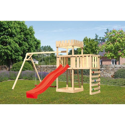 4010090205014 - Karibu Ritterburg Löwenherz mit Rutsche rot und Doppelschaukel Klettergerüst Anbauplattform Kletterwand 4010090205014 - Karibu Ritterburg Löwenherz mit Rutsche rot und Doppelschaukel Klettergerüst Anbauplattform Kletterwand