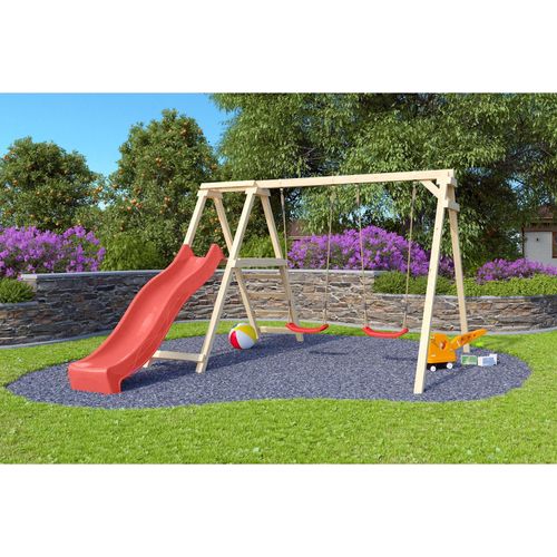 4010090893389 - Karibu Doppelschaukel Felix mit Klettergerüst und Rutsche rot