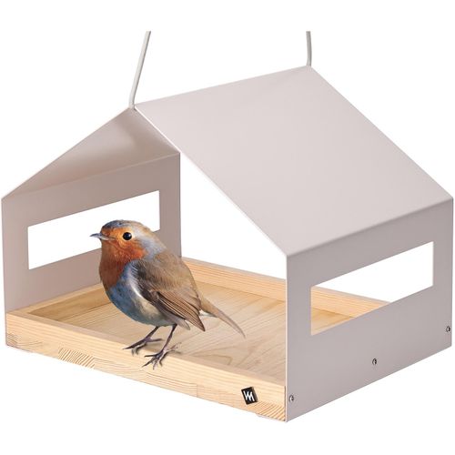 4065827410353 - WONDERMAKE® Großes Design Vogelhaus aus Metall und Holz wetterfest zum Aufhängen modernes Vogelfutterhaus XL Metalldach hängend Vogelhäuschen Futterhaus für Vögel Edelstahl Kiefer grau-beige