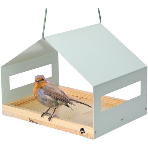 4065827410360 - WONDERMAKE® Großes Design Vogelhaus aus Metall und Holz wetterfest zum Aufhängen modernes Vogelfutterhaus XL Metalldach hängend Vogelhäuschen Futterhaus für Vögel Edelstahl Kiefer türkis-grau mint