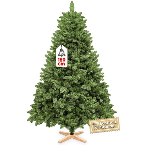 4054748035561 - VESKA Weihnachtsbaum künstlich 180cm - mit Holzständer Nordmanntanne Künstlicher Tannenbaum Naturgetreu dichte Zweige ohne LED
