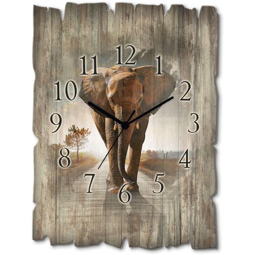 4062144355039 - Wanduhr ARTLAND Ein Elefant läuft auf der Straße Wanduhren Gr B H T 30 cm x 40 cm x 06 cm Funkuhr braun Wanduhren wahlweise mit Quarz- oder Funhuhrwerk lautlos ohne Tickgeräusche