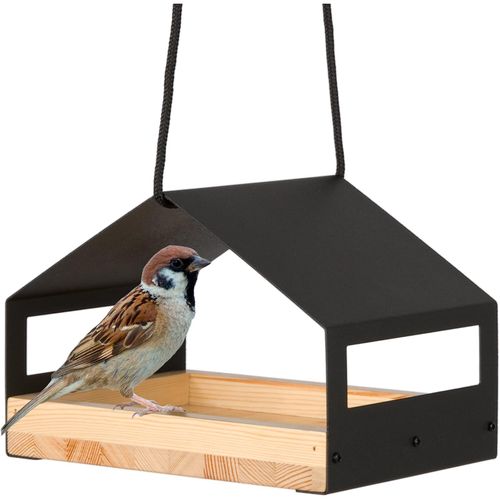 4065827410339 - WONDERMAKE® Design Vogelhaus aus Metall und Holz wetterfest zum Aufhängen modernes Vogelfutterhaus klein Metalldach hängend Vogelhäuschen Futterhaus für Vögel schwarz