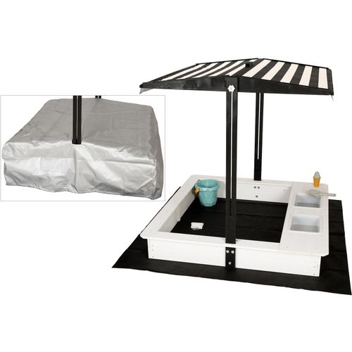 4065827310073 - WONDERMAKE® Design Sandkasten mit Dach Abdeckung OXFORD 420D 2 Wasserbecken Vliesfolie Sandkiste Holz quadratisch verschließbar Outdoor Garten für Kinder schwarz weiß