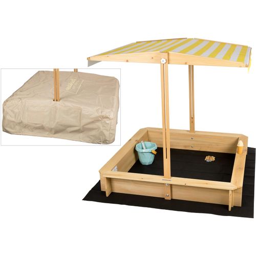 4065827310042 - needs&wants® Sandkasten mit Dach Sitzbank und Boden Vlies-Folie mit Abdeckung Oxford 600D Sandkiste Holz rechteckig mit Bänken Outdoor Garten Kinder UV-Sonnenschutz 113x113x113 cm gelb weiß braun