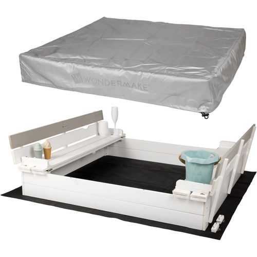 4065827310059 - WONDERMAKE® Design Sandkasten mit Abdeckung Deckel Sitzbank und Boden Sandkiste Holz quadratisch verschließbar mit Bank Outdoor Garten für Kinder 120x120 cm Tanne weiß grau silber