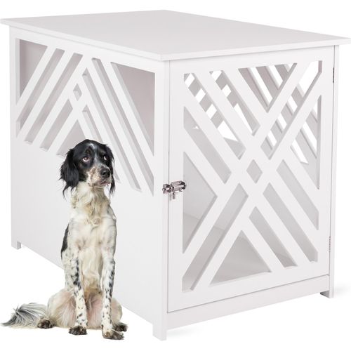 4065827520014 - WONDERMAKE® Design Hundekäfig aus Holz für Zuhause Wohnung mit Beistelltisch Hundebox fürs Wohnzimmer Indoor 90x60 cm weiß