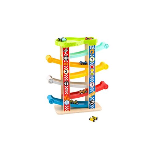 6970090042492 - Tooky Toy Holzturm-Rennbahn TY841 Rutschturm auf 7 Ebenen 6 Rennautos bunt