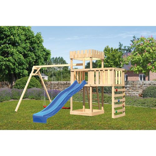 4010090205007 - Karibu Ritterburg Löwenherz mit Rutsche blau und Doppelschaukel Klettergerüst Anbauplattform Kletterwand