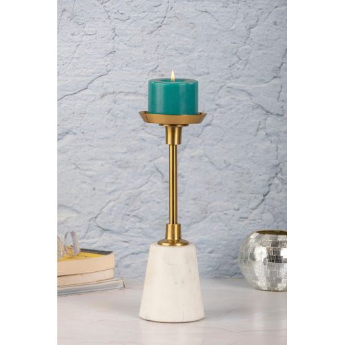 4063074541431 - Kerzenständer KAYOOM Fayya 225 weiß (goldfarben weiß) B10cm H30cm T10cm Ø10cm Aluminium Marmor Kerzenhalter Höhe ca 30 cm