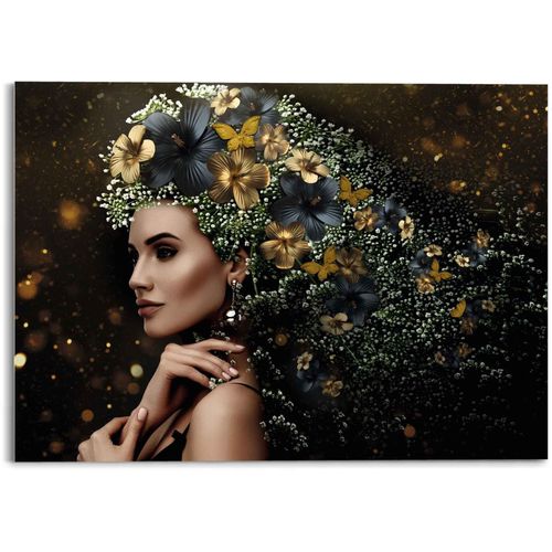8714597611915 - Glasbild REINDERS Glasbild Elegante Frau Blumen - Festlich Schmetterling Eleganz gold (goldfarben) Bilder B H 70cm x 50cm Frau Acrylglas B70cm H50cm