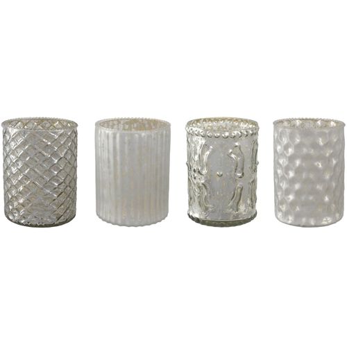 4064118115304 - Windlicht CREATIV DECO silber (silberfarben) H1000cm Ø800cm Glas Kerzenhalter mit unterschiedlich strukturierten Oberflächen 4er Set H ca 10 cm