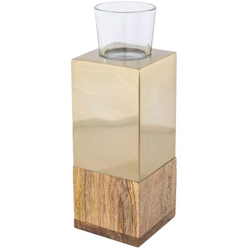 4064118142065 - Teelichthalter CREATIV HOME Kerzenhalter Tower beige (champagnerfarben) B8cm H23cm T8cm Edelstahl Glas Massivholz Kerzenhalter aus Holz Edelstahl und Glas