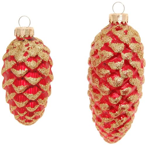 0024762215205 - Christbaumschmuck KREBS GLAS LAUSCHA Glas-Tannenzapfen Rot mit Glitter 2x klein Ø 8 cm + groß 10 cm Weihnachtsbaumschmuck rot Weihnachtsbaumschmuck Weihnachtsdeko Weihnachtsbaumkugel Christbaumkugeln aus Glas