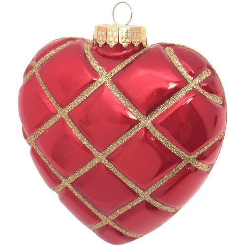 0024762243628 - Christbaumschmuck KREBS GLAS LAUSCHA Herz mit Karo in Gold Glitter rot B12cm H8cm T12cm Glas Weihnachtsbaumschmuck Christbaumschmuck aus Glas mundgeblasen handgefertigt herzförmig